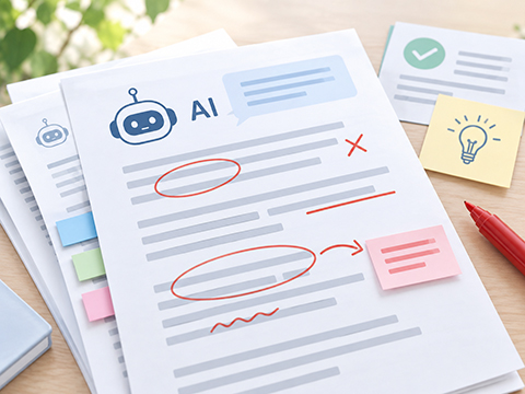 AIが作成した文章に修正や確認のチェックを入れるイメージ