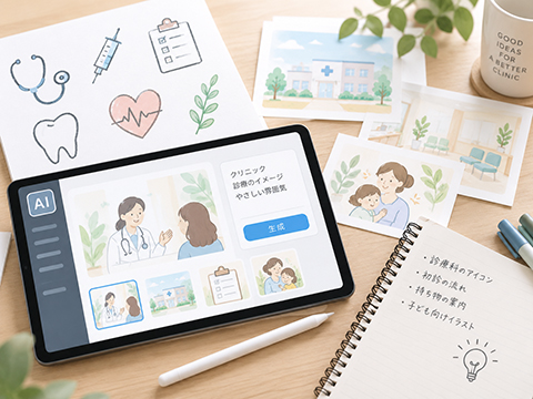 AIを使ってクリニックのアイコンや案内用イラストを作成するイメージ