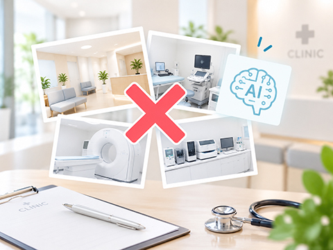 AIで作成した院内や医療機器の画像を実際の設備として使用しないことを示すイメージ