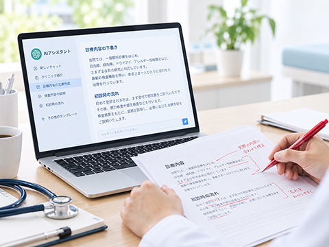 AIが作成したクリニックの文章を印刷して内容を確認・修正する様子